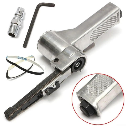 Heavy Lifting Pneumatic Air Belt Sander And Grinder With 10X330MM Platform parts including air connector, belts, and tool handle.