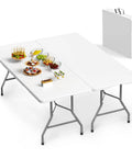 Set Of 2 Six Foot Folding Tables That Are Beast Portable And Heavy Duty Fold In Half Utility Plastic Dining Tables With Carrying Handle For Indoor Outdoor Use Great For Picnics Camping And Parties White, with one table set up, showing its sturdy surface.