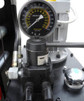 Close-up of the pressure gauge on the Heavy Duty 100 Ton Electric Hydraulic Shop Press featuring easy height adjustments.