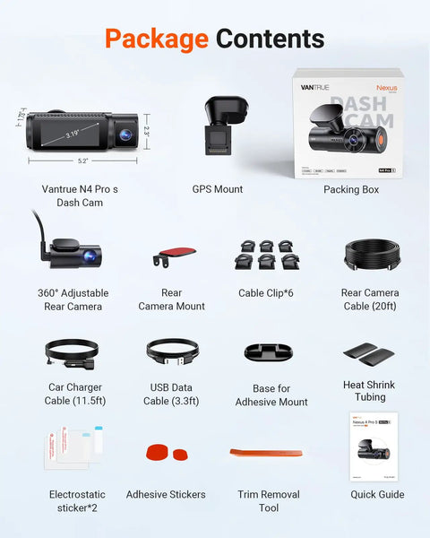 Package contents of Beast 4K Front, 2.5K Interior, 1080P Rear Dash Cam with cables, mounts, and accessories displayed.