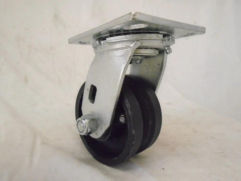 Swivel caster with mounting plate; 4x2 in, 7/8 in V-groove iron steel wheel
