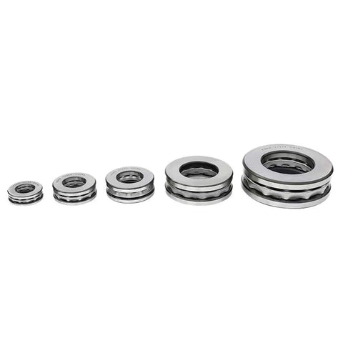 Five thrust ball bearings set in bearing steel, sizes 10x24x9 mm, single-row, front view.