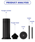Heavy Duty Toilet Plunger With Sturdy Powder Coated Iron Holder For Modern Bathrooms And Beast Mode Suction Rubber Cup That Kicks Nasty Clogs To The Curb In Pure Black Finish parts, including canister, head, holder, cover, and handle.