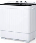 Slick Compact Twin Tub Portable Mini Washing Machine With Built In Drain Pump, 26 lbs capacity, modern white design.