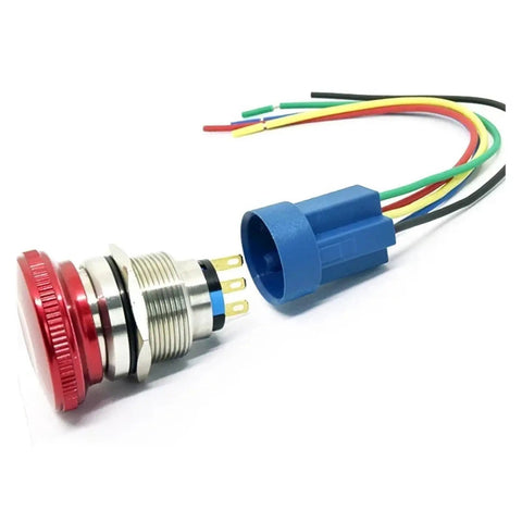 Mushroom Emergency Stop Switch Latching Button, 16mm 19mm 22mm Universal Mount, Red head with blue wire connector