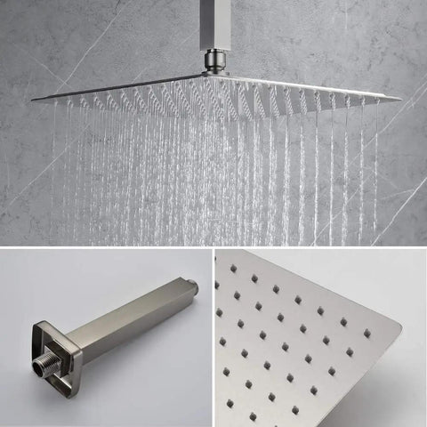 All In One Ceiling Mount Rain Shower System With Rain Shower Head And Handheld, Brushed Nickel Finish, close-up of shower head