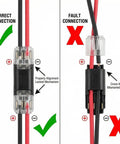 No Tool Needed Quick Connect Wire Connectors With Snap On Locking Buckle For LED Strip Lights Push In Electrical Connectors For DIY Low Voltage Wiring Easy Insertion And Secure Lock 50 Pack showing correct and incorrect connections