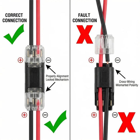 No Tool Needed Quick Connect Wire Connectors With Snap On Locking Buckle For LED Strip Lights Push In Electrical Connectors For DIY Low Voltage Wiring Easy Insertion And Secure Lock 50 Pack showing correct and incorrect connections