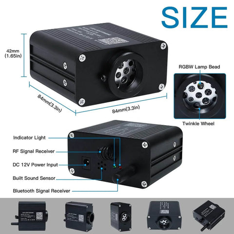 Lit Twinkle Fiber Optic Star Ceiling Kit RGBW light engine close-up with connectivity ports and dimensions.
