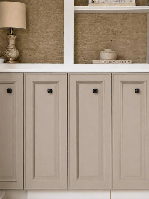 Matte Black Cabinet Knobs 4 Pack With 1.6 Inch Square Backplates on beige kitchen cabinets modern farmhouse style