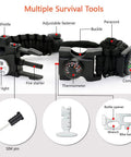 20 In 1 Paracord Survival Bracelet With SOS LED Light Fire Starter Compass Whistle And Thermometer, showing features.
