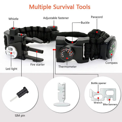 20 In 1 Paracord Survival Bracelet With SOS LED Light Fire Starter Compass Whistle And Thermometer, showing features.
