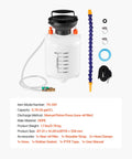 Heavy Duty Manual Transmission Fluid Transfer Pump Featuring Five Liter HDPE Tank with hose and accessories laid out.