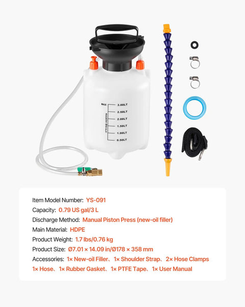Heavy Duty Manual Transmission Fluid Transfer Pump Featuring Five Liter HDPE Tank with hose and accessories laid out.