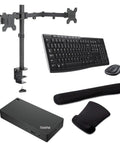 Elevate Your Desk Routine With This Badass Usb C Hub Pumping Smooth 96W Power And Crisp 4K Video Signal Bundled With A Tough Dual Monitor Stand And Snappy Wireless Keyboard Mouse Kit Plus Soft Gel Wrist Pad For Serious Workflow Vibes All Day Long. Image showing USB-C hub, dual monitor stand, wireless keyboard, mouse, and gel wrist pad.