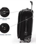 Side view of Platinum Elite Softside Expandable Carry On Luggage With USB Port Two Wheel Upright, showing leather details, USB port.