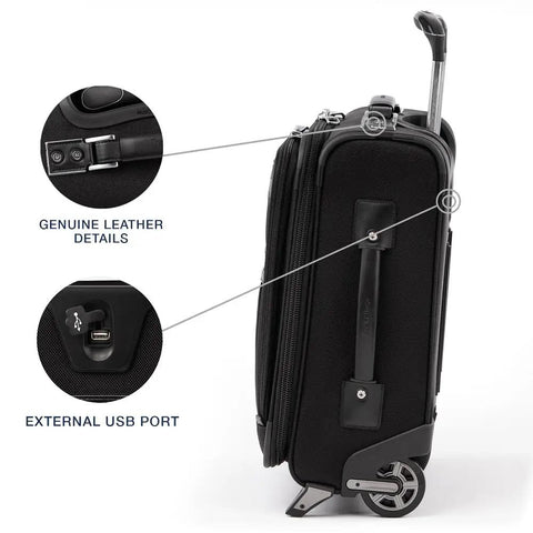 Side view of Platinum Elite Softside Expandable Carry On Luggage With USB Port Two Wheel Upright, showing leather details, USB port.