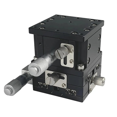 Dead On Accuracy Heavy Duty Xyz Axis Linear Stage With Slick Double Cross Rail Guide Ninety By Ninety Millimeter Manual Sliding Table Platform close-up view