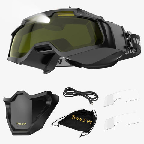Auto Darkening Welding Goggles With 4 Arc Sensors, LED Lights, Type C Charging, Eye Protection Safety Glasses For MIG TIG Stick Welding, Grinding, Cutting, And More shown with accessories
