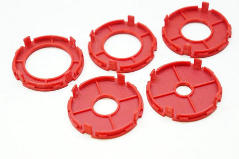 Premium Router Table Insert Ring Set With Five Zero Clearance Inserts For Dead Nuts Alignment And Slick Routing features red polymer rings.