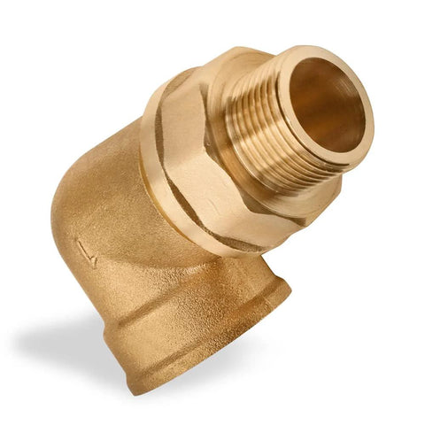 Brass 90-degree pipe elbow fitting, 3/4 in male to 1 in female NPT