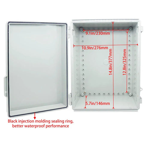 Open beefy outdoor junction box with hinged cover, dimensions and IP67 weatherproof ABS enclosure, durable for installations.