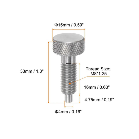 Heavy Duty M8 Spring Plunger With Knurled Handle 4mm Pin Stainless Steel Non Locking Retractable Release Pin, dimensions visible.