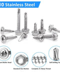 Bad Boys Self Drilling Screws Assortment Kit Packing 404 Pieces Of Tough Stainless Steel Tapping Fasteners, Featuring Size 8 And Size 10 Hex Head And Wafer Styles For Quick Sheet Metal Jobs And Home Hacks - Assorted sizes of stainless steel screws with different head styles.