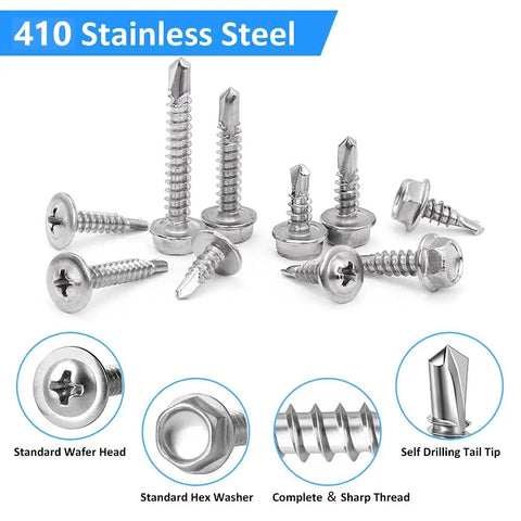 Bad Boys Self Drilling Screws Assortment Kit Packing 404 Pieces Of Tough Stainless Steel Tapping Fasteners, Featuring Size 8 And Size 10 Hex Head And Wafer Styles For Quick Sheet Metal Jobs And Home Hacks - Assorted sizes of stainless steel screws with different head styles.