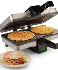 Authentic Italian Pizzelle Maker Electric Baker Press makes two 5 inch cookies with non-stick plates cooking waffles.