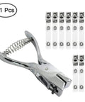 Hand Held Slot Punch Tool Kit With 10 Metal Badge Clips And PVC Straps For PVC ID Cards Card Holders Lanyards And Credentials Heavy Duty Punch Plier For Clean Precise Card Holes, showing shiny metal tool and straps