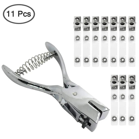 Hand Held Slot Punch Tool Kit With 10 Metal Badge Clips And PVC Straps For PVC ID Cards Card Holders Lanyards And Credentials Heavy Duty Punch Plier For Clean Precise Card Holes, showing shiny metal tool and straps
