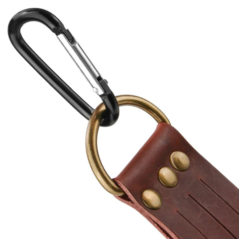 Close-up of snap hook on Premium Leather Duck Strap For Waterfowl Hunting, Heavy Duty Game Carrier, belt attachment detail