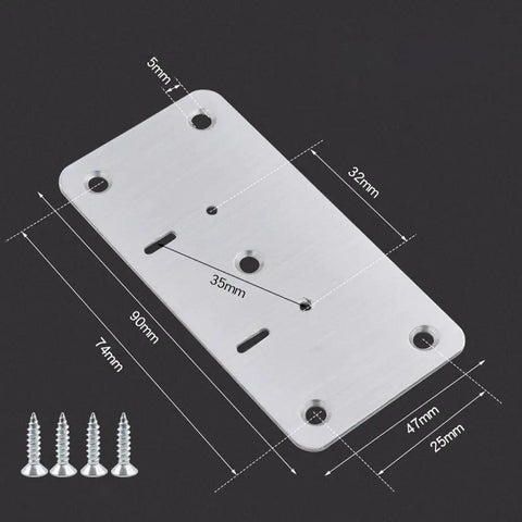 Stainless Steel Cabinet Hinge Repair Plate Fixing Bracket With Screws, Rust Resistant Silver Finish, dimensions shown, fits hinges.