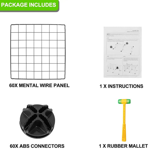 Package includes metal wire panel, rubber mallet, ABS connectors, and instructions for Dope Metal Storage Cubes Set For Shelving And Closet Organization Great For Bedroom Living Room And Office Black Sixteen Cubes Set Stackable Modular Bookshelf System