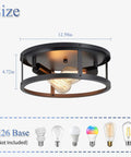 2 Pack 13 Inch Matte Black Flush Mount Ceiling Light Fixture with E26 Base, Industrial Farmhouse Design, Size Dimensions Displayed