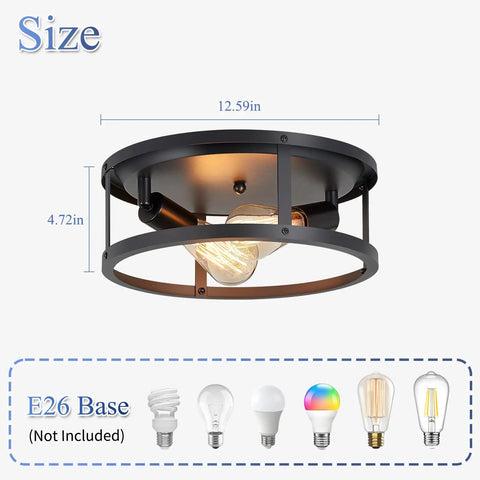 2 Pack 13 Inch Matte Black Flush Mount Ceiling Light Fixture with E26 Base, Industrial Farmhouse Design, Size Dimensions Displayed