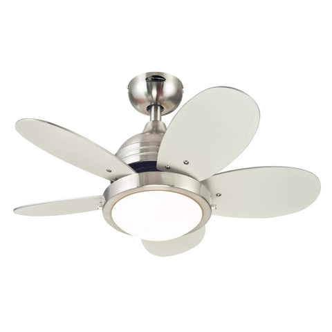 Dope Roundabout 30 Inch Indoor Ceiling Fan With Light Kit, brushed nickel finish, and white blades, ideal for small rooms.