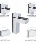 Compact Metal Alloy Clamp Bracket for Glass Shelves with adjustable clamp, protective pad, and drill-free installation.