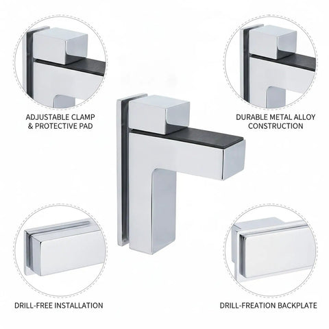 Compact Metal Alloy Clamp Bracket for Glass Shelves with adjustable clamp, protective pad, and drill-free installation.