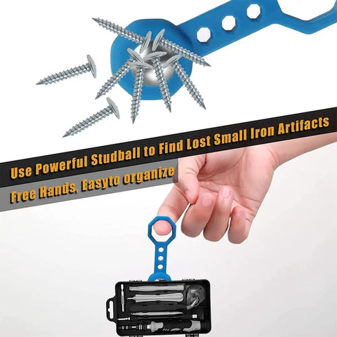 Casendy Stud Finder Wall Scanner,27 Pounds Pull Magnetic Power holds blue stud finder with screws, showing compact design and tool organization.