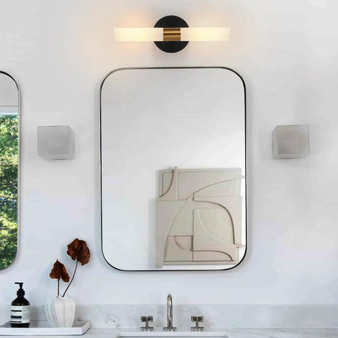 Black And Brass Wall Sconces Set Of Two With Frosted Glass Shades for Living Room Indoor Wall Lights Decor shown above mirror