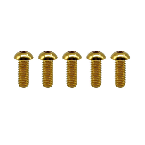 Five gold titanium button head hex socket screws, M4x10mm, ISO7380, pack of 5