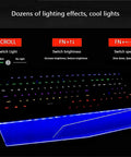 Slick 108 Key Mechanical Gaming Keyboard With Crisp Blue Switches And Smooth Usb Wired Setup Features Sweet Led Backlit Effects showing lighting controls.