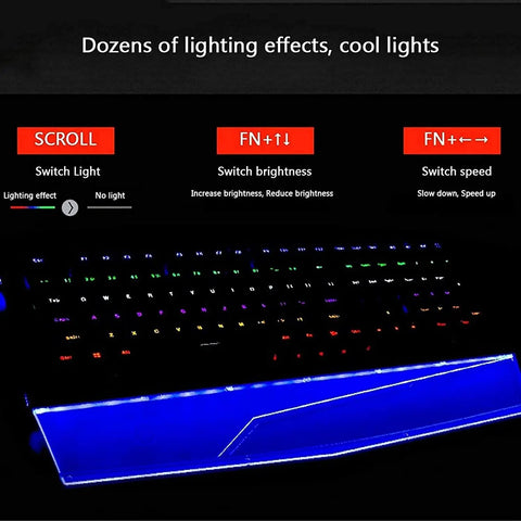 Slick 108 Key Mechanical Gaming Keyboard With Crisp Blue Switches And Smooth Usb Wired Setup Features Sweet Led Backlit Effects showing lighting controls.