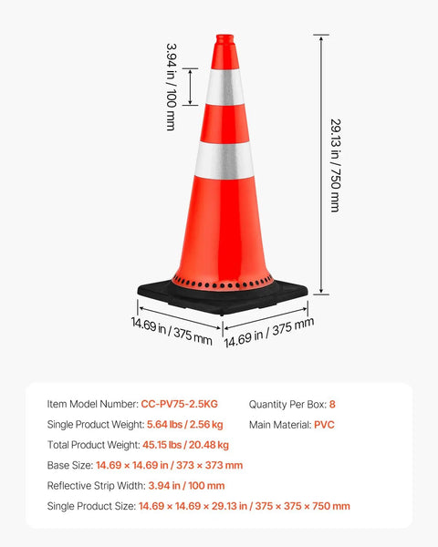 Eight Pack 30 Inch PVC Safety Cones with reflective collars and black weighted bases for traffic control and safety.