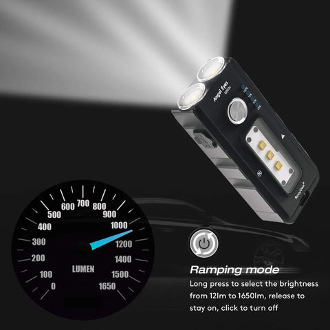 Rechargeable LED Flashlight 1650 Lumen EDC Keychain Light, ultra compact with lumen gauge and ramping mode instructions visible