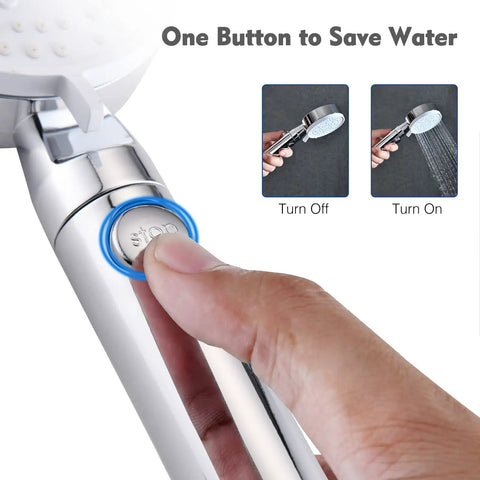 Close-up of hand pressing on/off switch on dual shower head with handheld combo, showing water flow control features.