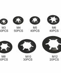 Heavy Duty Lock Washers Set With 260 To 520 Pcs M3 To M12 Star Push On Locking Fasteners Assortment Kit sizes labeled