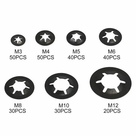 Heavy Duty Lock Washers Set With 260 To 520 Pcs M3 To M12 Star Push On Locking Fasteners Assortment Kit sizes labeled